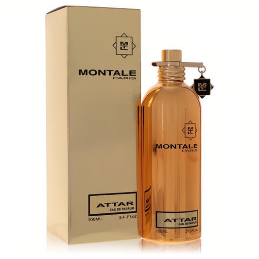 Montale Attar 3.4 oz Eau De Parfum spray. Luxurious metallic gold bottle with unique clip cap and matching elegant box.