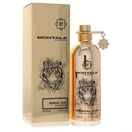 Experience Montale Bengal Oud 3.4 oz unisex EDP. A gleaming gold metallic bottle with a fierce tiger design and matching box.