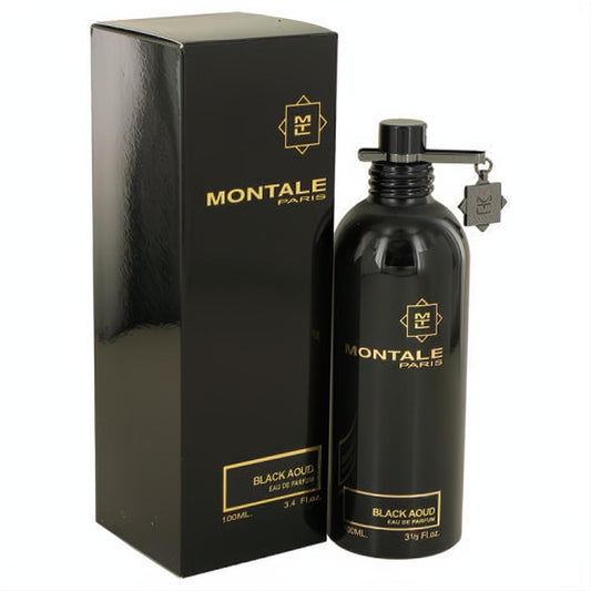 Montale Black Aoud 3.4 oz unisex EDP. Premium black metal bottle with gold logo and charm, alongside its elegant box.
