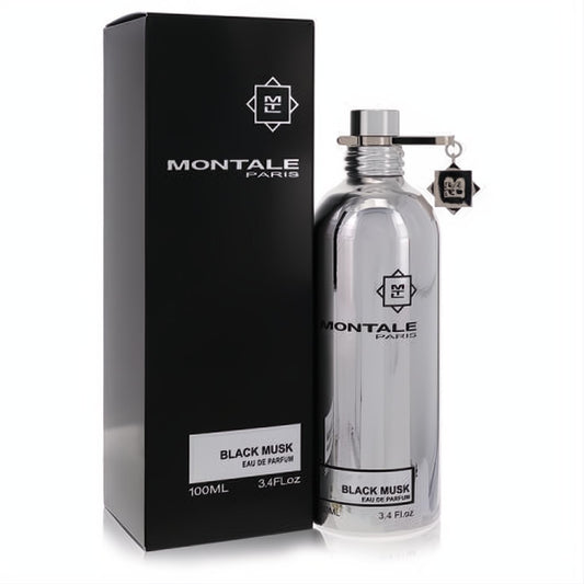 Experience Montale Black Musk 3.4 oz unisex Eau De Parfum. Sleek silver metallic bottle, signature charm, and elegant black box.