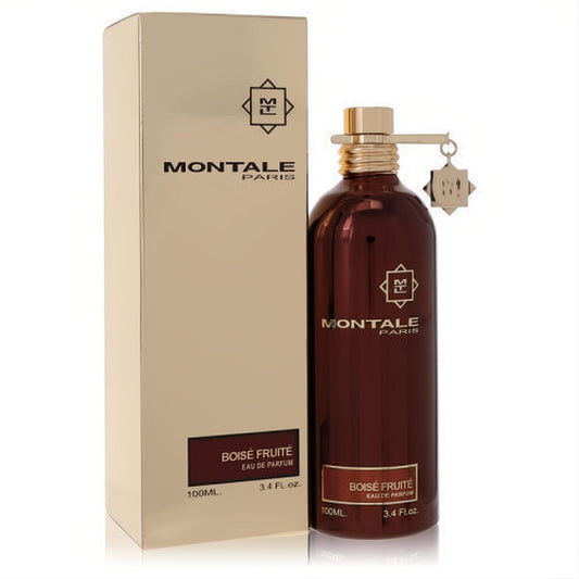 Elegant Montale Boise Fruite 3.4 oz unisex EDP. Luxurious metallic burgundy bottle with a gold cap and charm, alongside its sleek gold box.