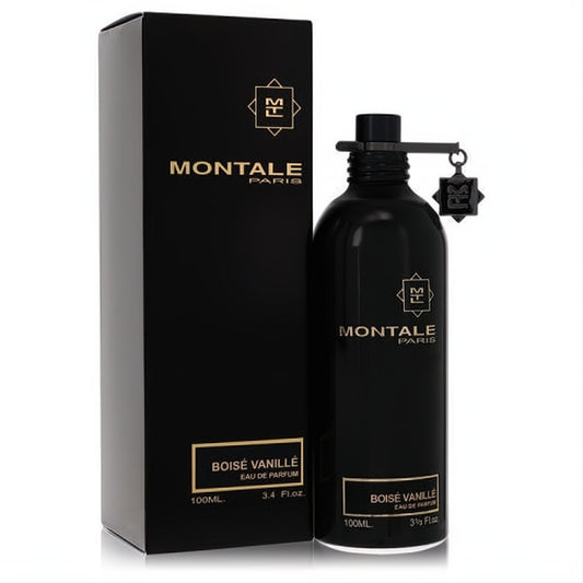 Montale Boise Vanille 3.3 oz EDP spray: sleek black bottle with gold accents, beside its elegant black box.