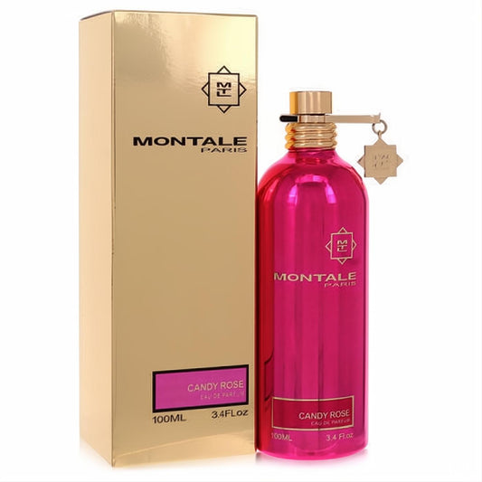 Luxurious Montale Candy Rose 3.4 oz Eau De Parfum, featuring a vibrant metallic pink bottle with a gold cap and elegant gold box.