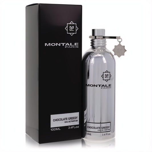 Montale Chocolate Greedy unisex Eau De Parfum, 3.4 oz. Features a sleek metallic silver bottle with charm and elegant black box.