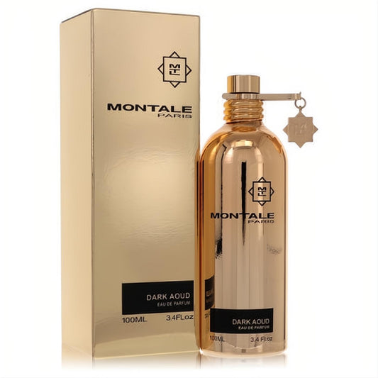 Elegant Montale Dark Aoud 3.4 oz unisex EDP in a radiant gold metallic bottle with black label and matching box.