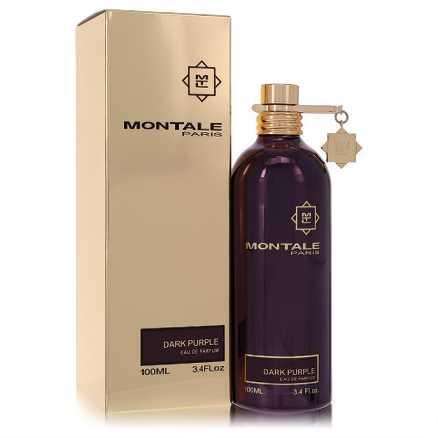 Montale Dark Purple 3.4 oz EDP. Rich dark purple metallic bottle with gold cap and elegant gold box.
