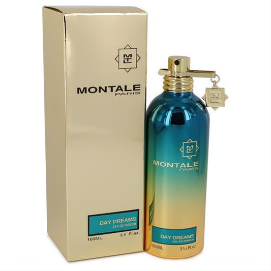 Luxurious Montale Day Dreams 3.4 oz unisex EDP in a captivating ombre teal-gold metallic bottle with an elegant gold box.