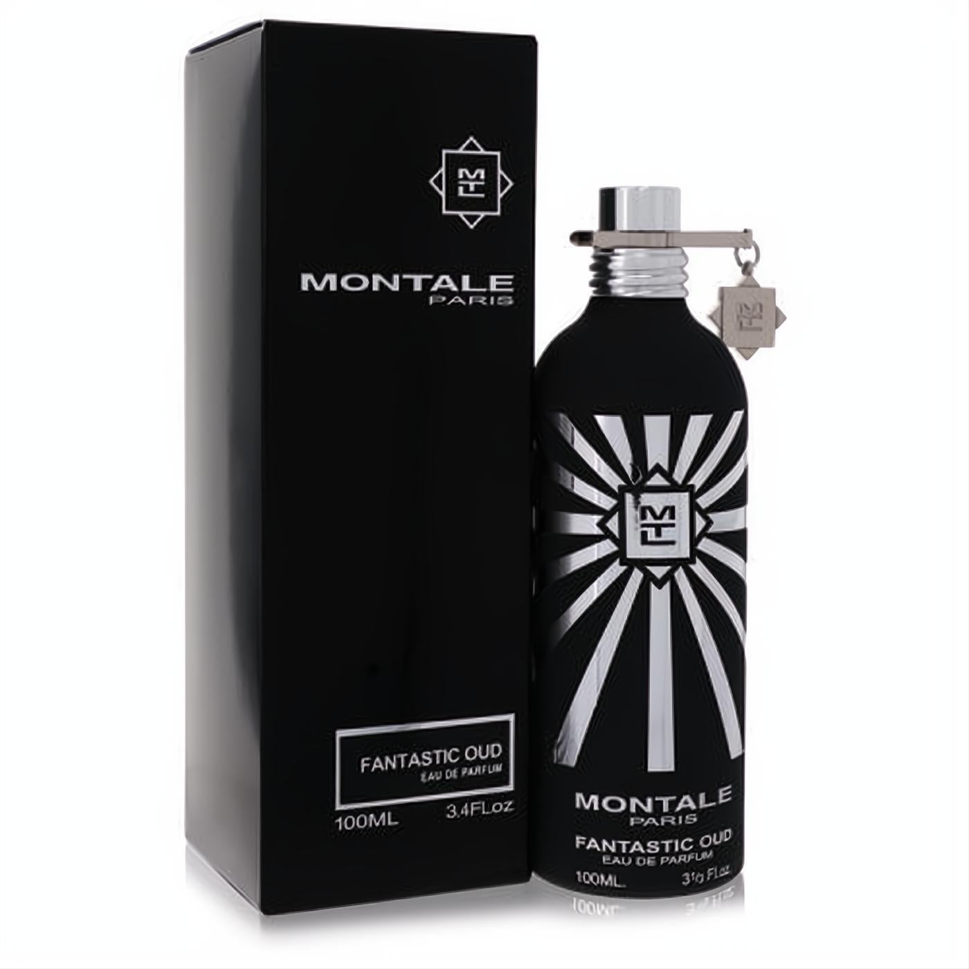 Luxurious Montale Fantastic Oud unisex EDP 3.4 oz. Black bottle with striking silver sunburst design & elegant black box.