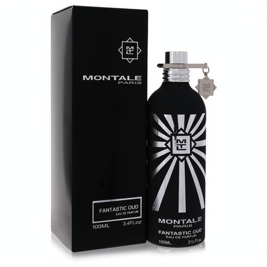 Luxurious Montale Fantastic Oud unisex EDP 3.4 oz. Black bottle with striking silver sunburst design & elegant black box.