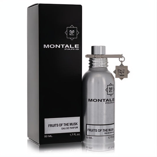 Montale Fruits of The Musk 1.7 oz EDP: sleek metallic silver bottle with unique charm, next to its elegant black box.