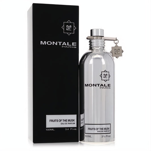 Montale Fruits of The Musk 3.4 oz unisex EDP. Sleek metallic silver bottle with signature charm, paired with an elegant black box.