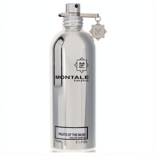 Luxurious silver Montale Fruits of The Musk Eau De Parfum 3.4 oz spray bottle, featuring signature clip and logo.