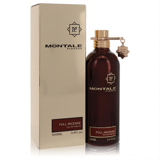 Experience Montale Full Incense 3.4 oz unisex EDP. Rich dark brown bottle with signature gold clip, displayed with its elegant gold box.