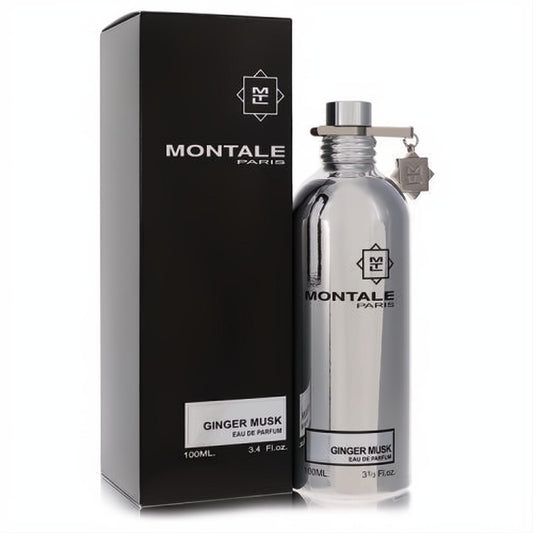 Elevate your scent with Montale Ginger Musk 3.4 oz unisex Eau De Parfum. Sleek silver bottle, unique cap, and black box.