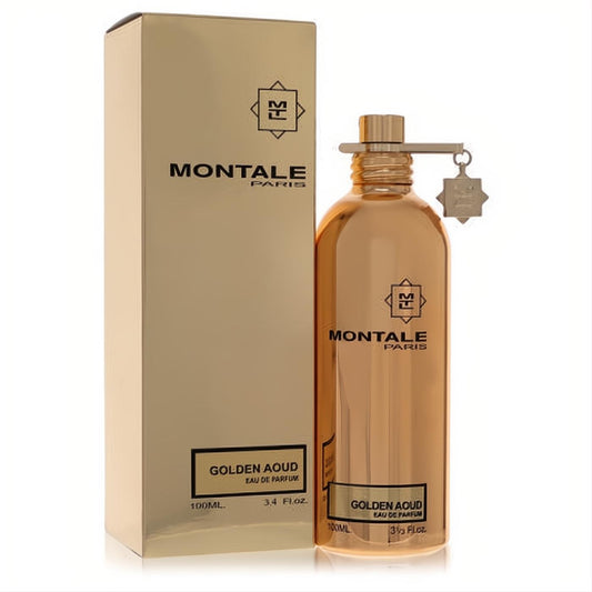 Luxurious Montale Golden Aoud 100ml EDP for women, in a shimmering golden aluminum bottle and matching box.