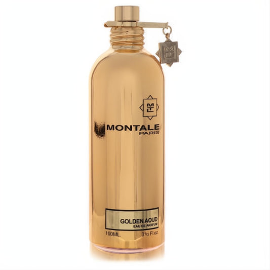 Luxurious Montale Golden Aoud 3.3 oz gold aluminum Eau De Parfum bottle, featuring a unique cap and signature logo charm.