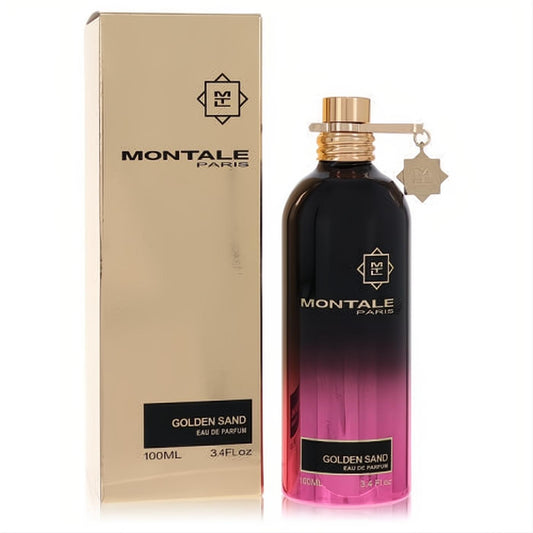 Montale Golden Sand 3.4 oz EDP. Elegant black-to-pink gradient bottle with gold cap & charm, beside its luxurious gold box.