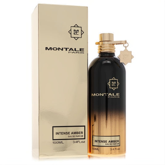 Montale Intense Amber 3.4 oz EDP. Sleek black-to-gold bottle with metallic gold cap and matching box.