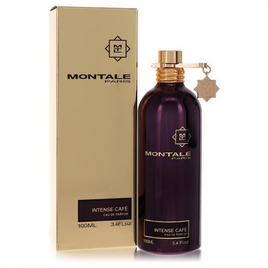 Elegant Montale Intense Café 3.4 oz women's EDP. Dark purple metallic bottle with luxurious gold cap, ring, and star charm, next to its gold box.