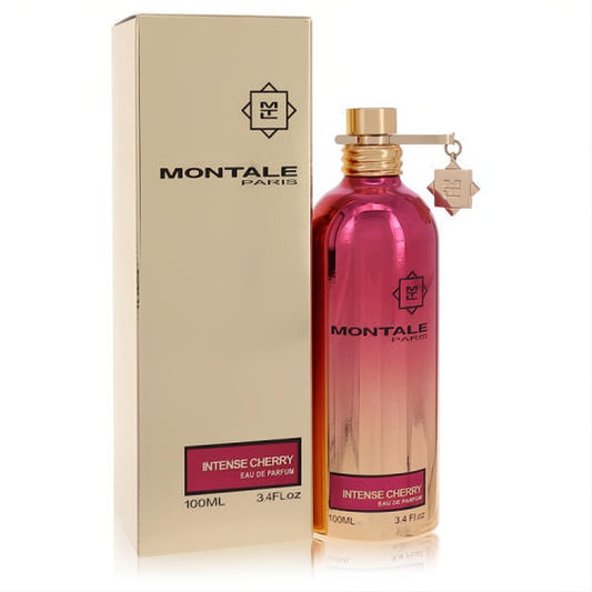 Elegant Montale Intense Cherry 3.4 oz unisex Eau de Parfum in a sleek pink-gold ombre metallic bottle with a luxurious gold box.