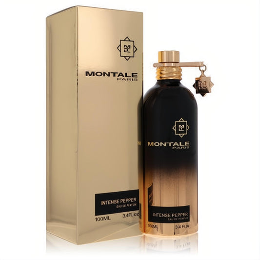 Montale Intense Pepper 3.4 oz EDP. Luxurious black and gold ombre bottle with sleek design and matching shiny gold box.