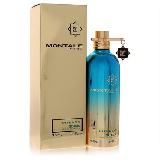 Luxurious Montale Intense So Iris 3.4 oz unisex EDP in a vibrant blue-to-gold metallic bottle, displayed with its elegant gold box.