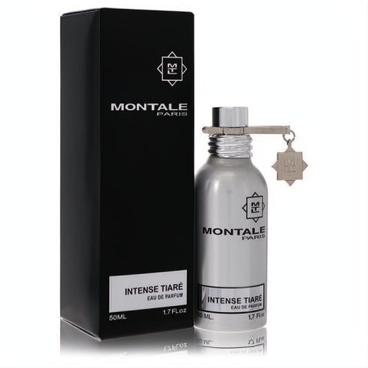 Montale Intense Tiare 1.7 oz EDP in a stunning metallic silver bottle with signature charm, beside its elegant black box.
