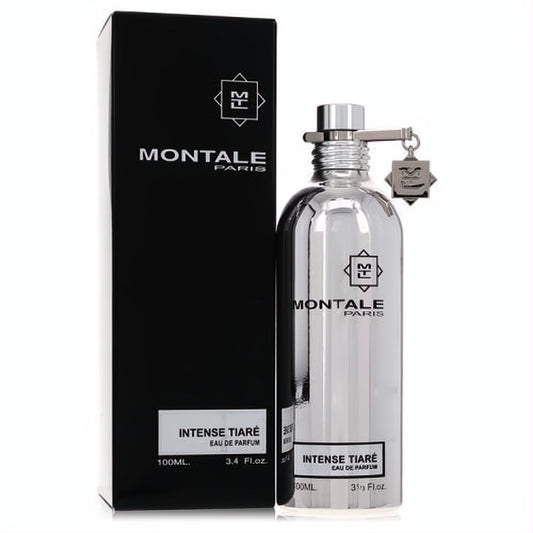 Luxurious Montale Intense Tiare 3.4 oz women's EDP. Sleek silver metallic bottle with signature charm and black box.