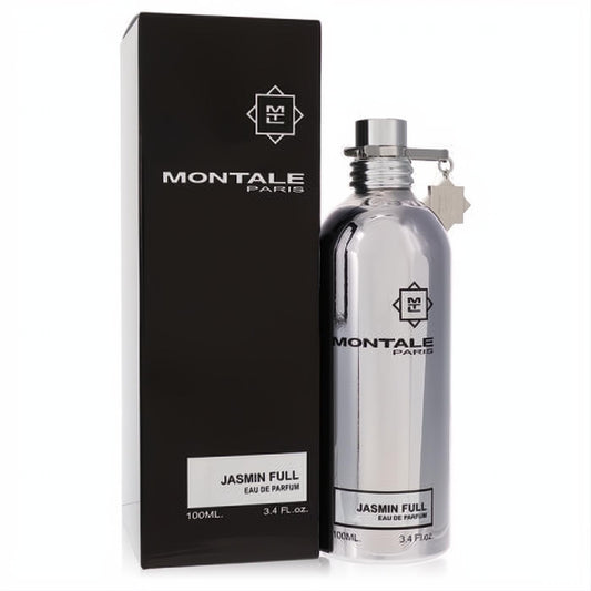 Luxurious Montale Jasmin Full 3.4 oz Eau De Parfum. Features a sleek metallic silver bottle with a star charm and a matte black box.