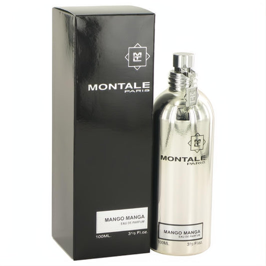 Montale Mango Manga 3.3 oz Eau De Parfum. Sleek silver bottle and elegant black box, a luxurious women's scent.