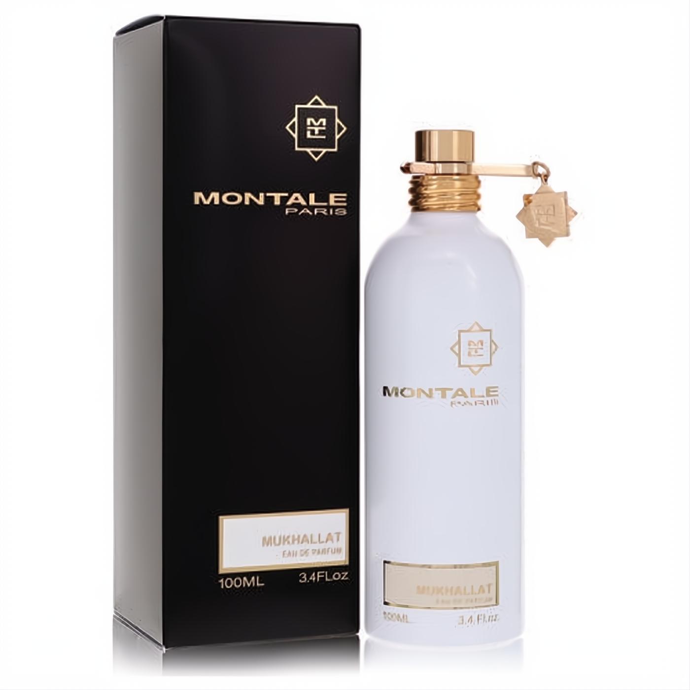 Luxurious Montale Mukhallat 3.4 oz women's EDP spray: white bottle with gold cap and charm, beside its elegant black box.