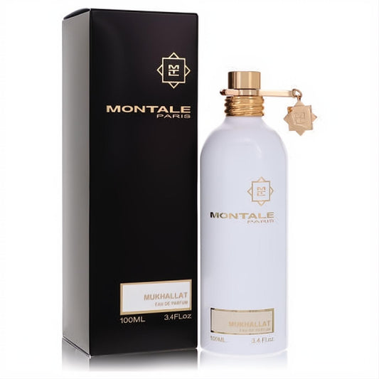 Luxurious Montale Mukhallat 3.4 oz women's EDP spray: white bottle with gold cap and charm, beside its elegant black box.