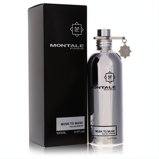 Luxurious Montale Musk To Musk 3.4 oz unisex Eau De Parfum. Sleek silver metallic bottle with signature charm, elegant black box.