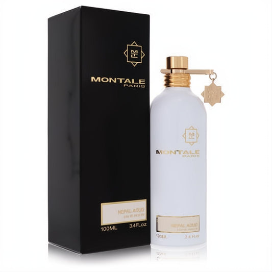 Luxurious Montale Nepal Aoud 3.4 oz EDP spray. White metallic bottle with gold cap, charm, and sleek black box.