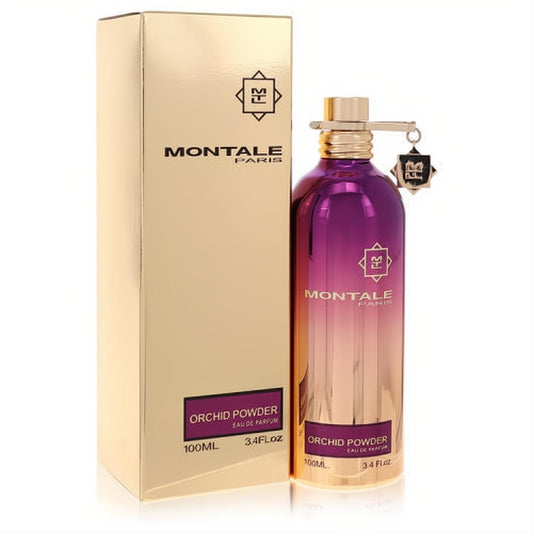 Montale Orchid Powder 3.4 oz unisex EDP in a stunning metallic purple-gold ombre bottle with a chic gold box.