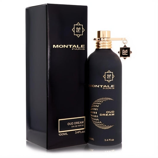 Luxurious Montale Oud Dream 3.4 oz EDP in a matte black bottle with gold cap, charm, and elegant crescent design.