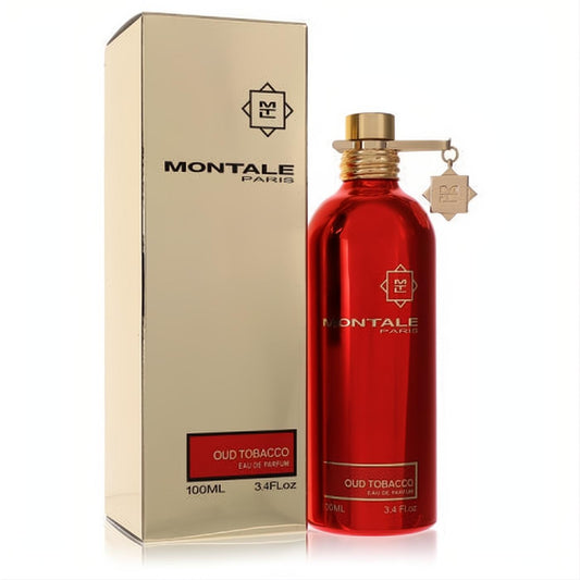 Montale Oud Tobacco 3.4 oz EDP. Bold red metallic bottle, gold cap & charm, with a sleek gold box.