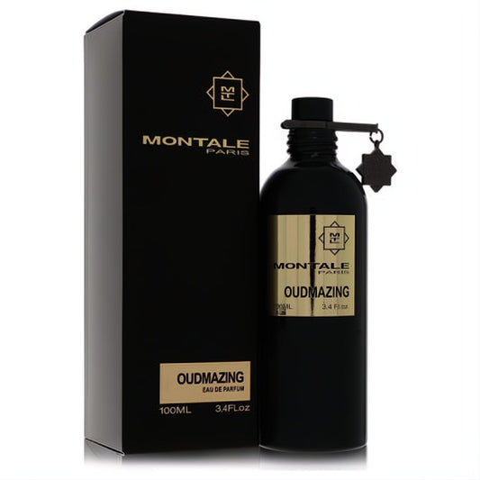 Elegant Montale Oudmazing 3.4 oz EDP in a sleek black bottle with gold label and unique star charm, beside its matching box.
