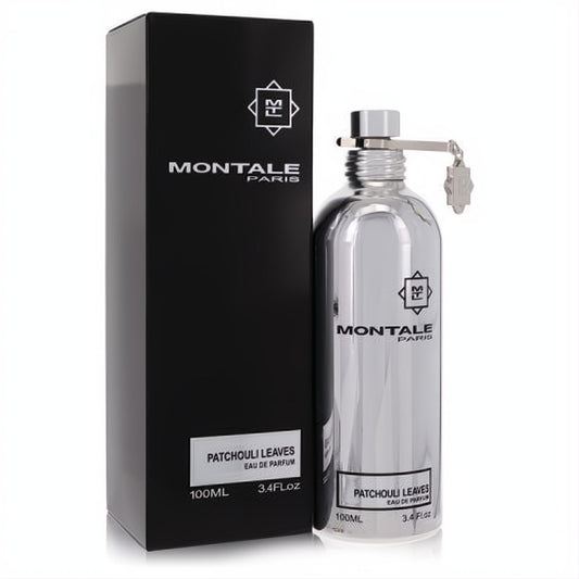 Montale Patchouli Leaves 3.4 oz Eau De Parfum. Luxurious silver bottle with unique clip, beside its elegant black box.