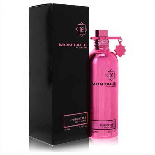 Stunning Montale Pink Extasy 3.4 oz EDP in a glossy metallic pink bottle with unique clip design, beside its elegant black box.