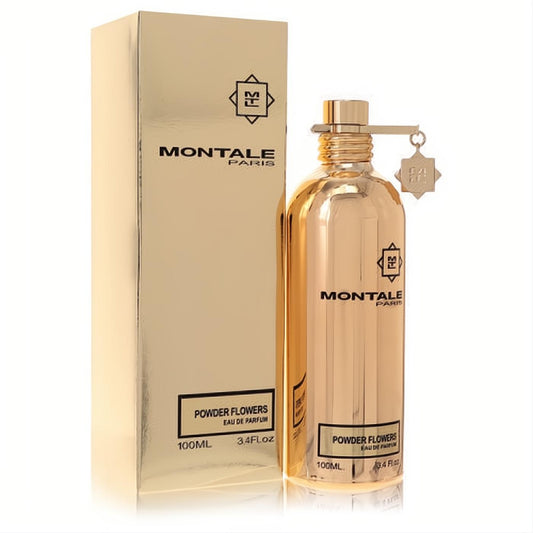 Experience Montale Powder Flowers 3.4 oz EDP. A radiant gold bottle with unique charm, presented in a matching luxury box.