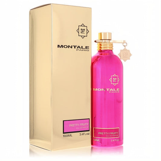 Captivating Montale Pretty Fruity 3.4 oz unisex EDP. Bold fuchsia metallic bottle with elegant gold cap and matching box.