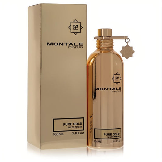 Montale Pure Gold 3.4 oz Eau De Parfum. Elegant gold metallic bottle with unique clip cap, star charm, and matching box.