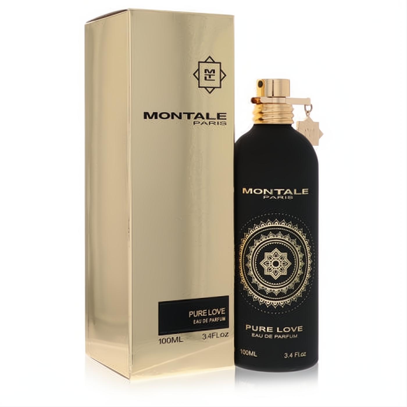 Montale Pure Love 3.4oz EDP. Sleek black bottle with gold cap, charm, and ornate design, displayed with its shimmering gold box.