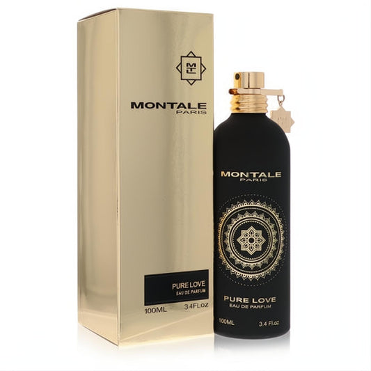 Montale Pure Love 3.4oz EDP. Sleek black bottle with gold cap, charm, and ornate design, displayed with its shimmering gold box.