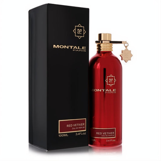 Montale Red Vetiver 3.4 oz EDP spray. Vibrant red metallic bottle with gold cap and charm, paired with its sleek black box.