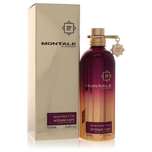 Luxurious Montale Ristretto Intense Cafe 3.4oz EDP spray. Features a vibrant purple-gold metallic bottle with gold cap and matching gold box.