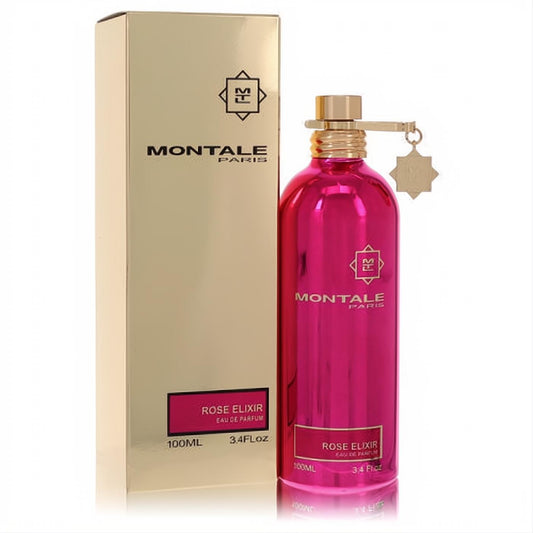 Montale Rose Elixir 3.4 oz Eau De Parfum in a vibrant fuchsia metallic bottle with gold cap and charm, beside its elegant gold box.