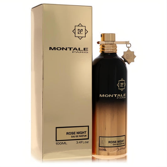 Montale Rose Night 3.4 oz unisex EDP. Features a luxurious black to gold ombre bottle and elegant gold box.