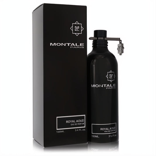 Luxurious Montale Royal Aoud 3.4 oz black EDP spray bottle with signature clip, next to its sleek, matching presentation box.